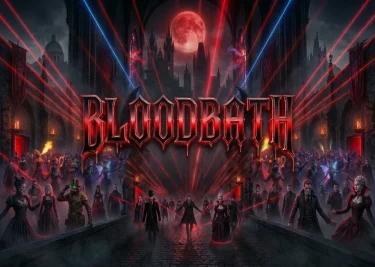 BLOODBATH — A vampire-gothic festival scene with blood moon, lasers, and costumed revelers